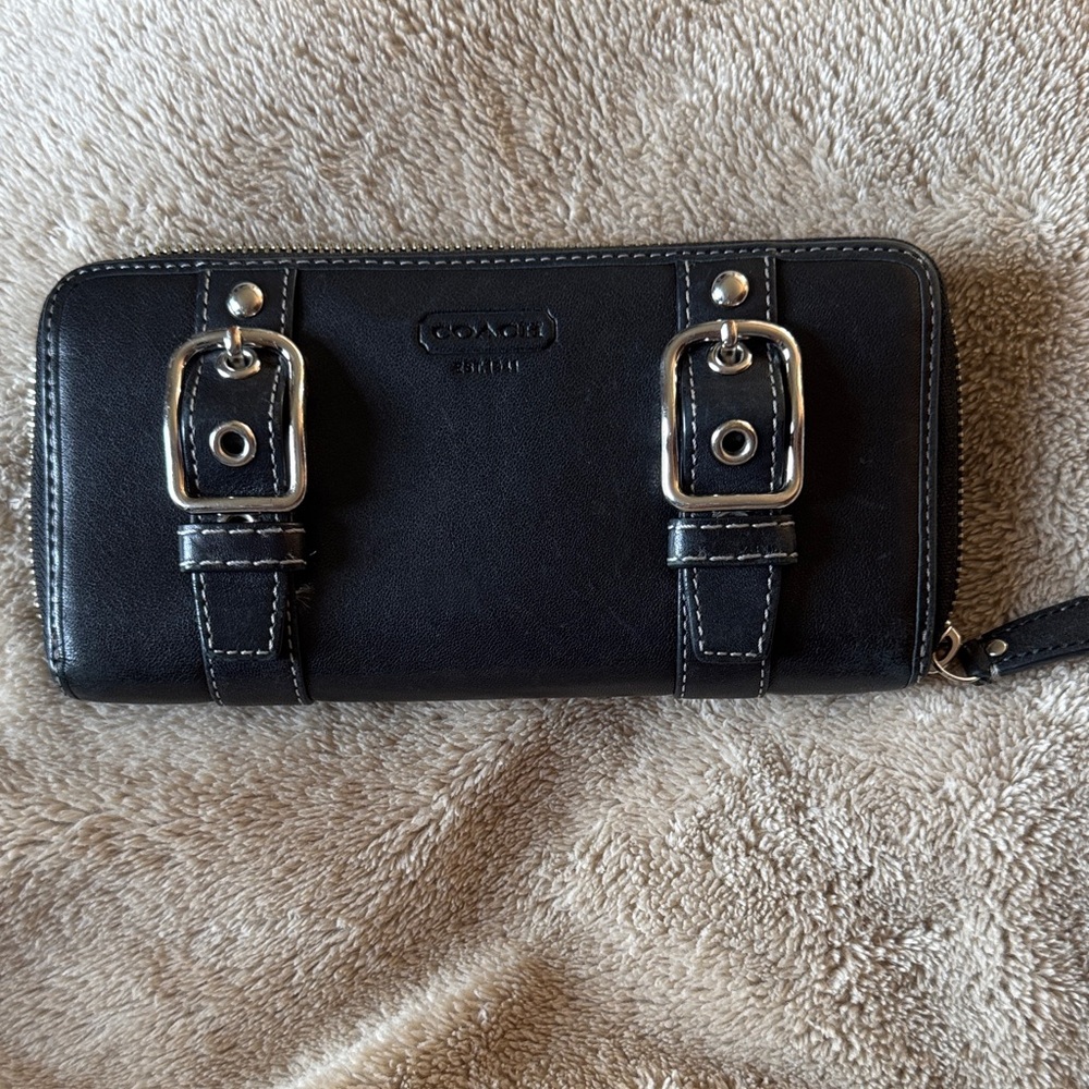 Coach Black Leather Wallet with Silver Buckles